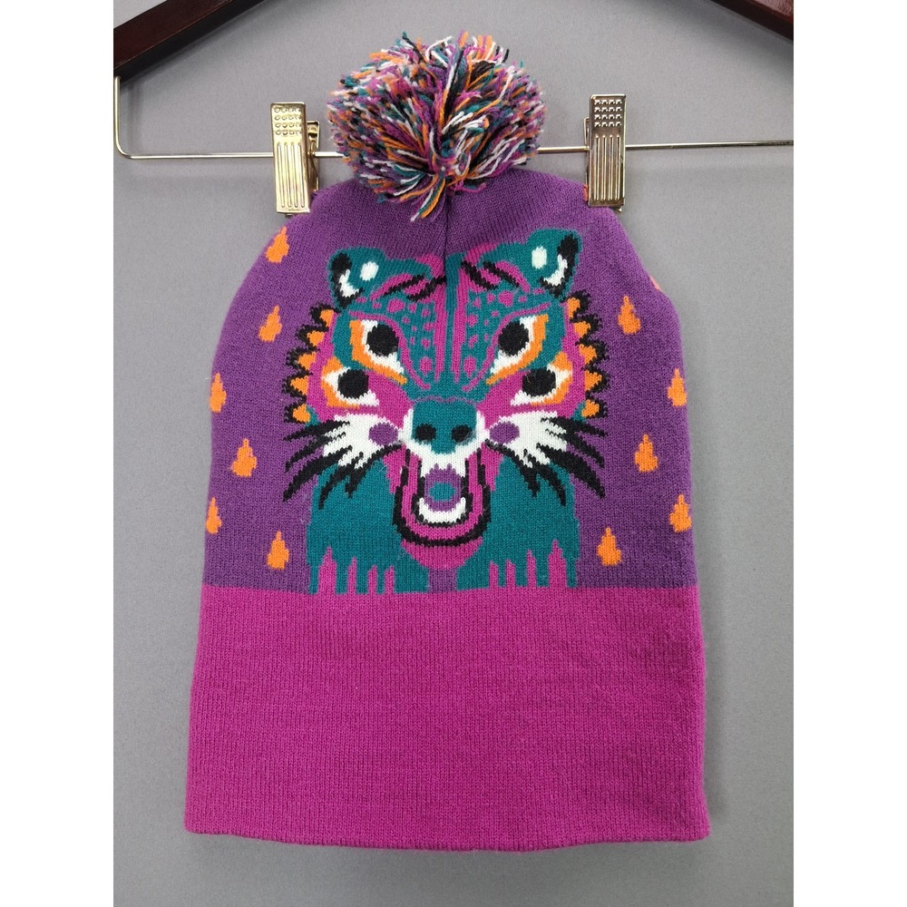 Medicine Tiger Knit Beanie Hat OS Purple Magenta Pom Pom Graphic Winter